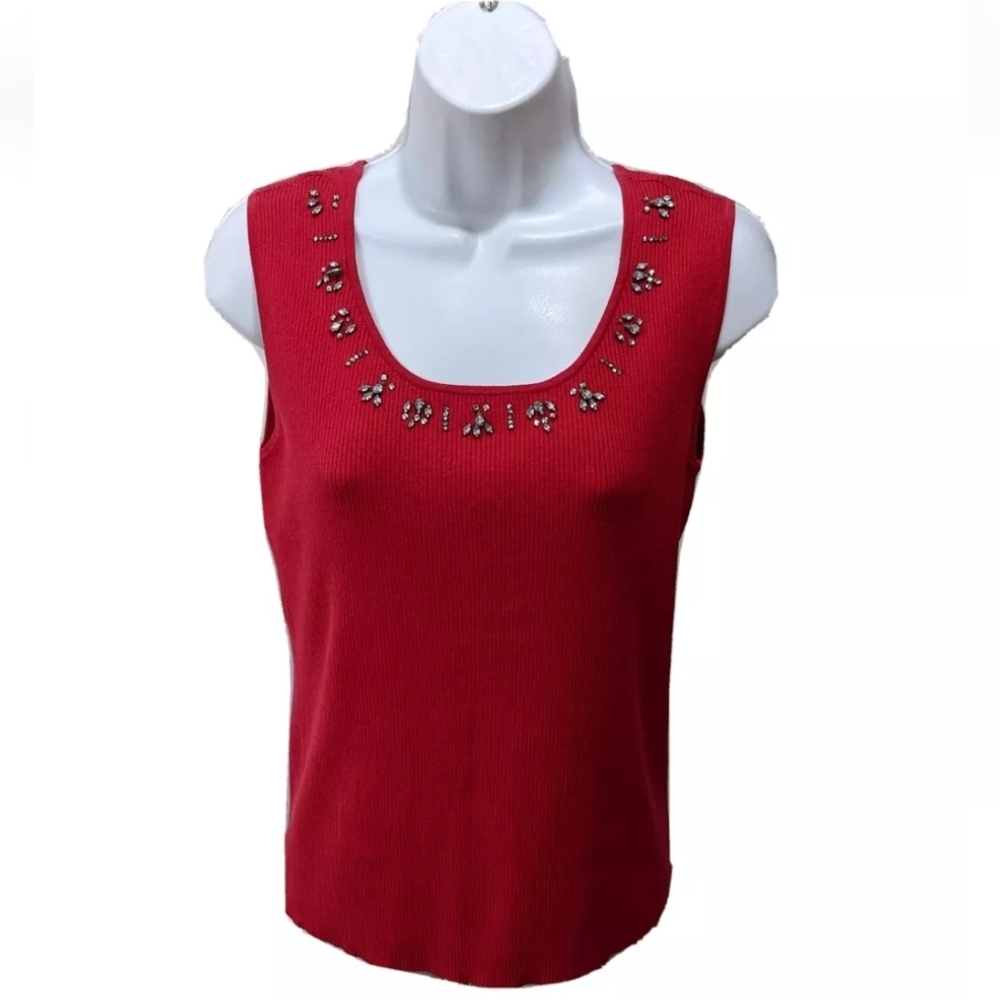 NWT Chico's 0 Bonnie Top Red Knit Pullover Sleeveless Rhinestones S Tank